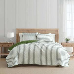 imageMartha Stewart  Queen Size Quilt Set Soft amp Smooth Sateen Bedding with a Light and Breathable Feel 3 Piece Bed Set with Matching Pillowcases Fern Embroidery GreyTicking Stripe Green