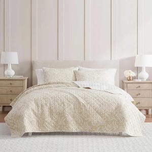 imageMartha Stewart  Queen Size Quilt Set Soft amp Smooth Sateen Bedding with a Light and Breathable Feel 3 Piece Bed Set with Matching Pillowcases Fern Embroidery GreyLayered Branches Beige