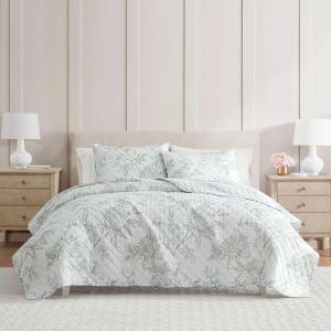 imageMartha Stewart  Queen Size Quilt Set Soft amp Smooth Sateen Bedding with a Light and Breathable Feel 3 Piece Bed Set with Matching Pillowcases Fern Embroidery GreyVine Flora Green