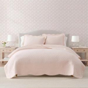 imageMartha Stewart  Queen Size Quilt Set Soft amp Smooth Sateen Bedding with a Light and Breathable Feel 3 Piece Bed Set with Matching Pillowcases Fern Embroidery GreyVintage Scallop Pink