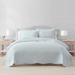 imageMartha Stewart  Queen Size Quilt Set Soft amp Smooth Sateen Bedding with a Light and Breathable Feel 3 Piece Bed Set with Matching Pillowcases Fern Embroidery GreyVintage Scallop Blue