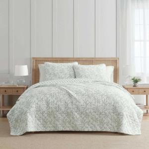 imageMartha Stewart  Queen Size Quilt Set Soft amp Smooth Sateen Bedding with a Light and Breathable Feel 3 Piece Bed Set with Matching Pillowcases Fern Embroidery GreyMurray Leaves Green