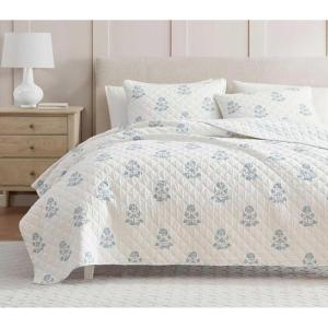 imageMartha Stewart  Queen Size Quilt Set Soft amp Smooth Sateen Bedding with a Light and Breathable Feel 3 Piece Bed Set with Matching Pillowcases Fern Embroidery GreyFlower Block Blue