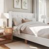 imageMartha Stewart Carmy Platform Bed with Tufted Headboard Cushioned Side Rails Faux Linen Upholstery Wood Slat Foundation No Box Spring Needed King WhiteQueen