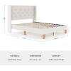 imageMartha Stewart Carmy Platform Bed with Tufted Headboard Cushioned Side Rails Faux Linen Upholstery Wood Slat Foundation No Box Spring Needed King WhiteQueen