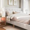 imageMartha Stewart Carmy Platform Bed with Tufted Headboard Cushioned Side Rails Faux Linen Upholstery Wood Slat Foundation No Box Spring Needed King WhiteKing