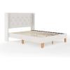 imageMartha Stewart Carmy Platform Bed with Tufted Headboard Cushioned Side Rails Faux Linen Upholstery Wood Slat Foundation No Box Spring Needed King WhiteQueen