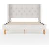 imageMartha Stewart Carmy Platform Bed with Tufted Headboard Cushioned Side Rails Faux Linen Upholstery Wood Slat Foundation No Box Spring Needed King WhiteQueen