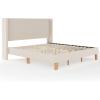 imageMartha Stewart Maisie Platform Bed with Wingback Headboard and Cushioned Side Rails Faux Linen Upholstery Wood Slat Foundation No Box Spring Needed King BeigeBeige