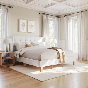 imageMartha Stewart Carmy Platform Bed with Tufted Headboard Cushioned Side Rails Faux Linen Upholstery Wood Slat Foundation No Box Spring Needed King WhiteKing