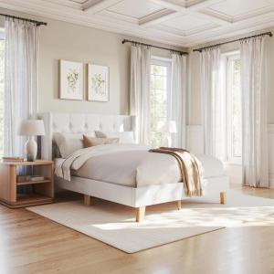 imageMartha Stewart Carmy Platform Bed with Tufted Headboard Cushioned Side Rails Faux Linen Upholstery Wood Slat Foundation No Box Spring Needed King WhiteQueen