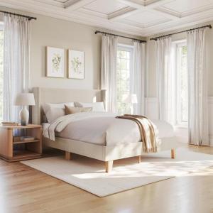 imageMartha Stewart Maisie Platform Bed with Wingback Headboard and Cushioned Side Rails Faux Linen Upholstery Wood Slat Foundation No Box Spring Needed King BeigeBeige