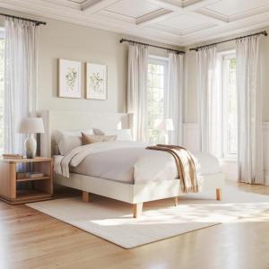 imageMartha Stewart Maisie Platform Bed with Wingback Headboard and Cushioned Side Rails Faux Linen Upholstery Wood Slat Foundation No Box Spring Needed King BeigeOffwhite
