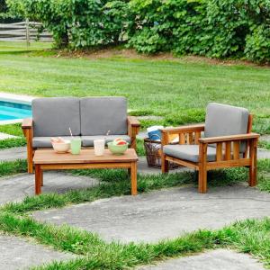 imageMartha Stewart Kids Outdoor Couch Chair amp Table Set Acacia Wood 3Piece Outdoor Furniture Set for Children  Kids Picnic Table Sofa amp Chair wCushions for Backyard Garden Porch and Patio