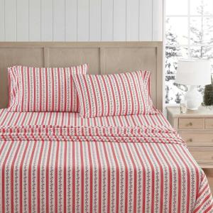 imageMartha Stewart  Queen Size Sheet Set Crisp amp Tailored Sheets with a Smooth Cotton Percale Feel  Striped Bed Sheets with Matching Pillowcases amp Fitted Sheet Leaf Stripe PinkRose Ribbon Red