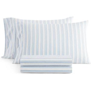 imageMartha Stewart  Queen Size Sheet Set Crisp amp Tailored Sheets with a Smooth Cotton Percale Feel  Striped Bed Sheets with Matching Pillowcases amp Fitted Sheet Leaf Stripe PinkFrancesca Stripe Blue
