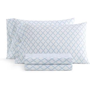 imageMartha Stewart  Queen Size Sheet Set Crisp amp Tailored Sheets with a Smooth Cotton Percale Feel  Striped Bed Sheets with Matching Pillowcases amp Fitted Sheet Leaf Stripe PinkLeaf Trellis Blue