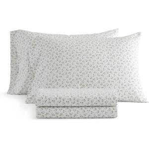 imageMartha Stewart  Queen Size Sheet Set Crisp amp Tailored Sheets with a Smooth Cotton Percale Feel  Striped Bed Sheets with Matching Pillowcases amp Fitted Sheet Leaf Stripe PinkKennedy Floral Green