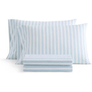 imageMartha Stewart  Queen Size Sheet Set Crisp amp Tailored Sheets with a Smooth Cotton Percale Feel  Striped Bed Sheets with Matching Pillowcases amp Fitted Sheet Leaf Stripe PinkLeaf Stripe Blue
