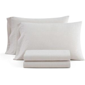 imageMartha Stewart  Queen Size Sheet Set Crisp amp Tailored Sheets with a Smooth Cotton Percale Feel  Striped Bed Sheets with Matching Pillowcases amp Fitted Sheet Leaf Stripe PinkGingham Beige