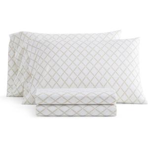 imageMartha Stewart  Queen Size Sheet Set Crisp amp Tailored Sheets with a Smooth Cotton Percale Feel  Striped Bed Sheets with Matching Pillowcases amp Fitted Sheet Leaf Stripe PinkLeaf Trellis Beige