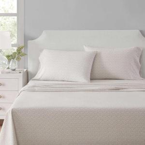 imageMartha Stewart  Queen Size Sheet Set Crisp amp Tailored Sheets with a Smooth Cotton Percale Feel  Striped Bed Sheets with Matching Pillowcases amp Fitted Sheet Leaf Stripe PinkLeaves Beige