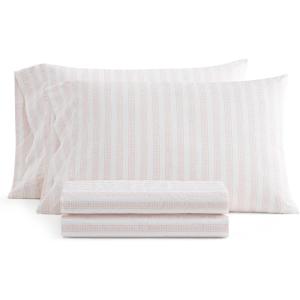 imageMartha Stewart  Queen Size Sheet Set Crisp amp Tailored Sheets with a Smooth Cotton Percale Feel  Striped Bed Sheets with Matching Pillowcases amp Fitted Sheet Leaf Stripe PinkLeaf Stripe Pink