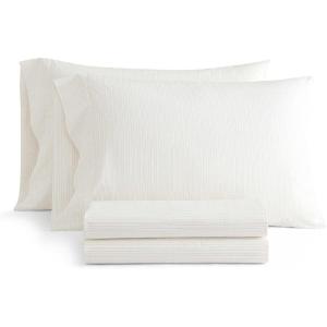 imageMartha Stewart  Queen Size Sheet Set Crisp amp Tailored Sheets with a Smooth Cotton Percale Feel  Striped Bed Sheets with Matching Pillowcases amp Fitted Sheet Leaf Stripe PinkDottie Stripe Yellow