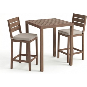 image:imageMartha Stewart Bedford 3 Piece Bar Height Indoor Outdoor Aluminum Patio Set 355 Square Slat Top Table 2 Stools Gray Brushed Woodgrain Finish Gray Seat CushionsBrown