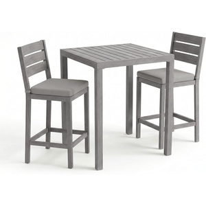 image:imageMartha Stewart Bedford 3 Piece Bar Height Indoor Outdoor Aluminum Patio Set 355 Square Slat Top Table 2 Stools Gray Brushed Woodgrain Finish Gray Seat CushionsGrey