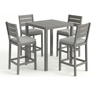 image:imageMartha Stewart Bedford 5 Piece Bar Height Indoor Outdoor Aluminum Patio Set 355 Square Slat Top Table 4 Stools Gray Brushed Woodgrain Finish Gray Seat CushionsGrey