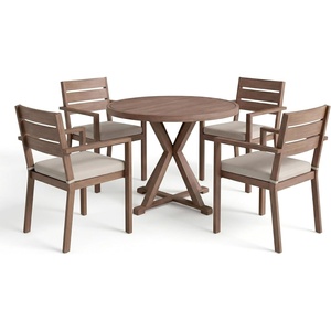 image:imageMartha Stewart Bedford 5 Piece Indoor Outdoor Aluminum Patio Set 36 Round Trestle Base Table 4 Stackable Armchairs Gray Brushed Woodgrain Gray Seat CushionsBrown
