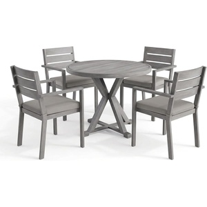 image:imageMartha Stewart Bedford 5 Piece Indoor Outdoor Aluminum Patio Set 36 Round Trestle Base Table 4 Stackable Armchairs Gray Brushed Woodgrain Gray Seat CushionsGrey