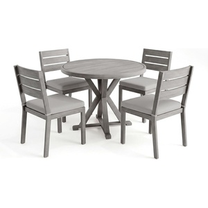 image:imageMartha Stewart Bedford 5 Piece Indoor Outdoor Aluminum Patio Set 36 Round Trestle Base Table 4 Stackable Chairs Gray Brushed Woodgrain Gray Seat CushionsGrey