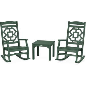 image:imageMartha Stewart by POLYWOOD Chinoiserie 3Piece Outdoor Rocking Chair Set with Patio Side Table White HDPE AllWeather Furniture Classic Porch Rockers for Deck Garden amp Backyard Made in The USAGreen