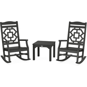 image:imageMartha Stewart by POLYWOOD Chinoiserie 3Piece Outdoor Rocking Chair Set with Patio Side Table White HDPE AllWeather Furniture Classic Porch Rockers for Deck Garden amp Backyard Made in The USABlack