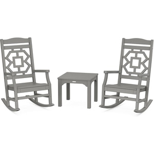 image:imageMartha Stewart by POLYWOOD Chinoiserie 3Piece Outdoor Rocking Chair Set with Patio Side Table White HDPE AllWeather Furniture Classic Porch Rockers for Deck Garden amp Backyard Made in The USASlate Grey