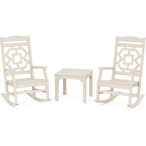 image:imageMartha Stewart by POLYWOOD Chinoiserie 3Piece Outdoor Rocking Chair Set with Patio Side Table White HDPE AllWeather Furniture Classic Porch Rockers for Deck Garden amp Backyard Made in The USASand