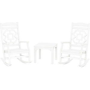 image:imageMartha Stewart by POLYWOOD Chinoiserie 3Piece Outdoor Rocking Chair Set with Patio Side Table White HDPE AllWeather Furniture Classic Porch Rockers for Deck Garden amp Backyard Made in The USAWhite