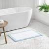 image:imageMartha Stewart  Bath Rug Plush 100 YarnDye Knit Rug Soft Cushioned Feel Bathroom Rug with SkidResistant Latex Rubber Backing Skylands Border LinenWhite 60 x 22Bedford Scallop WhiteBlue Bell
