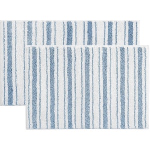 image:imageMartha Stewart  Bath Rug Plush 100 YarnDye Knit Rug Soft Cushioned Feel Bathroom Rug with SkidResistant Latex Rubber Backing Skylands Border LinenWhite 60 x 22Driftwood Stripes Blue