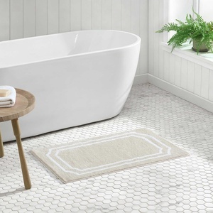 image:imageMartha Stewart  Bath Rug Plush 100 YarnDye Knit Rug Soft Cushioned Feel Bathroom Rug with SkidResistant Latex Rubber Backing Skylands Border LinenWhite 60 x 22Skylands Border LinenWhite