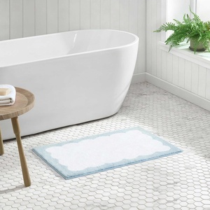 image:imageMartha Stewart  Bath Rug Plush 100 YarnDye Knit Rug Soft Cushioned Feel Bathroom Rug with SkidResistant Latex Rubber Backing Skylands Border LinenWhite 60 x 22Bedford Scallop WhiteBlue Bell