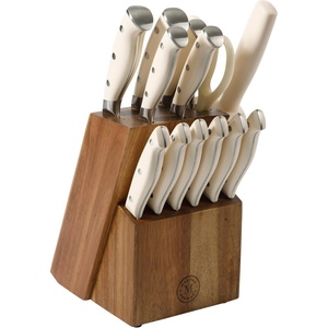 image:imageMartha Stewart Greeley Forged High Carbon Stainless Steel 14 Piece Knife Block Set Linen White Kitchen Knife Set with Acacia Wood Block Chef Knife Bread Knife Steak KnivesLinen White