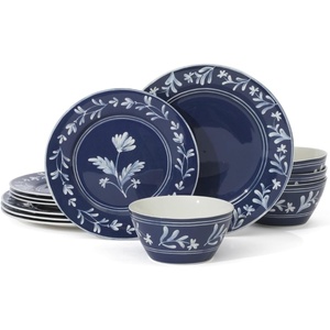 image:imageMartha Stewart Maiden Crown Plates and Bowls Sets 12Piece New Bone China Dinnerware Sets Botanical Floral Design Dish Set Microwave amp Dishwasher SafeSky Blue