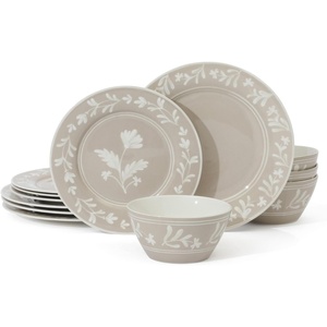 image:imageMartha Stewart Maiden Crown Plates and Bowls Sets 12Piece New Bone China Dinnerware Sets Botanical Floral Design Dish Set Microwave amp Dishwasher SafeTaupe