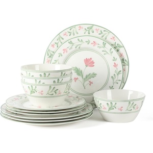 image:imageMartha Stewart Maiden Crown Plates and Bowls Sets 12Piece New Bone China Dinnerware Sets Botanical Floral Design Dish Set Microwave amp Dishwasher SafeBotanical