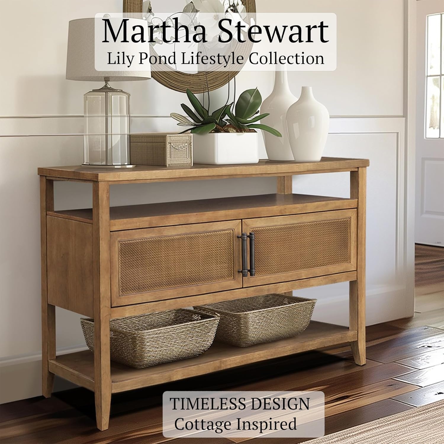 image:imageMartha Stewart Naomi Console Table with Storage Cabinet for Living Room Storage Cabinet Lily Pond Collection Cottage Design Console Sofa Table for Hallway Charming Coastal Furniture 4775 W Honey