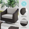 image:imageMartha Stewart Bedford IndoorOutdoor Patio Chair with 360 Swivel Functionality and Rattan Wicker Finish in Brown with Tan AllWeather Cushions