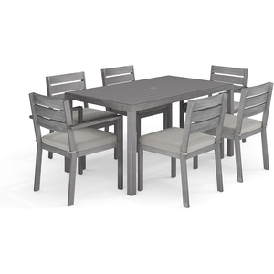 image:imageMartha Stewart Bedford 7 Piece Aluminum Patio Set with 62 Table and 6 Stackable Chairs with Brown Brushed Woodgrain Finish Cream AllWeather Seat CushionsGrey